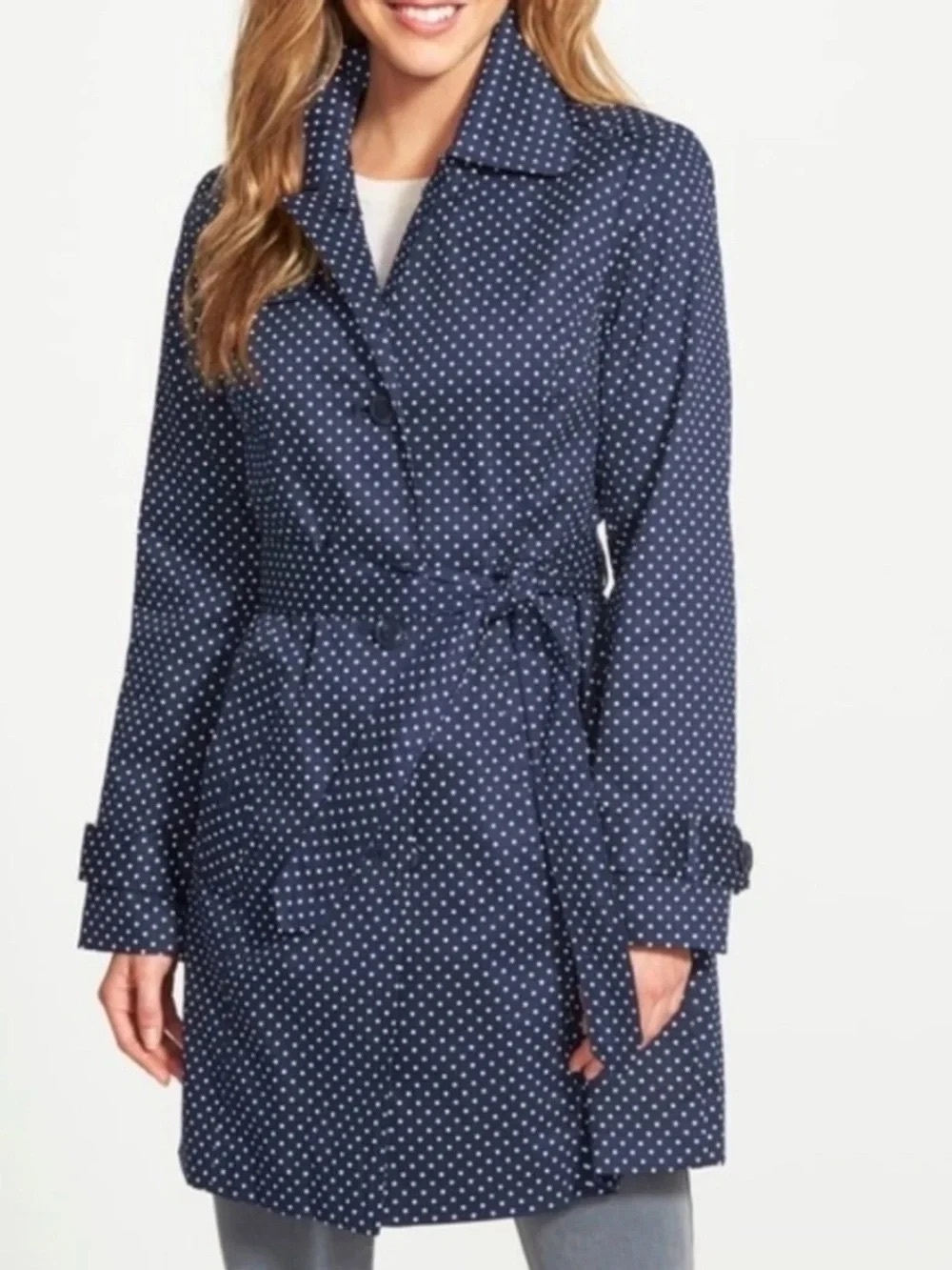 London Fog Navy Polka Dot Tie-Waist Trench Coat
